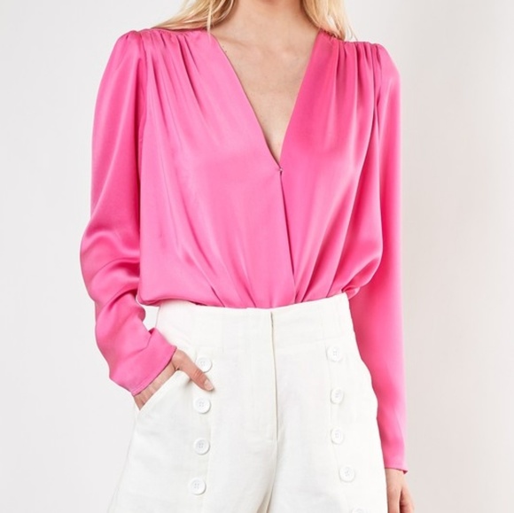 Neon Night Satin Surplice Bodysuit in Hot Pink - Picture 6 of 8